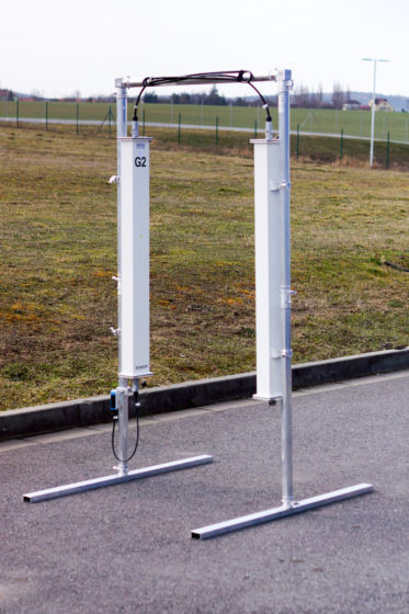 A radiation portal system for pedestrian screening on a road