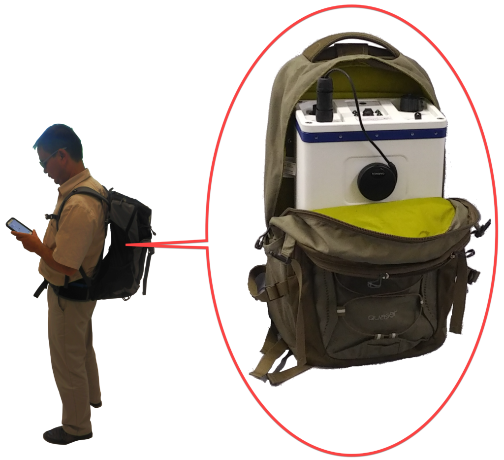 Photo of RADScout in Backpack beside user with mobile phone