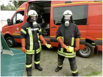 Firemen holding contamination detectors